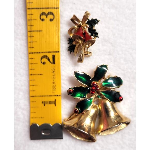 Enamel Christmas Bells Holly Vtg Brooch Lot 1 Signed Roma Xmas Holiday Goldtone - Picture 2 of 6
